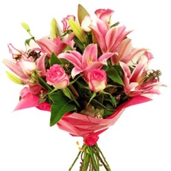Pink lillies roses bouquet - $60